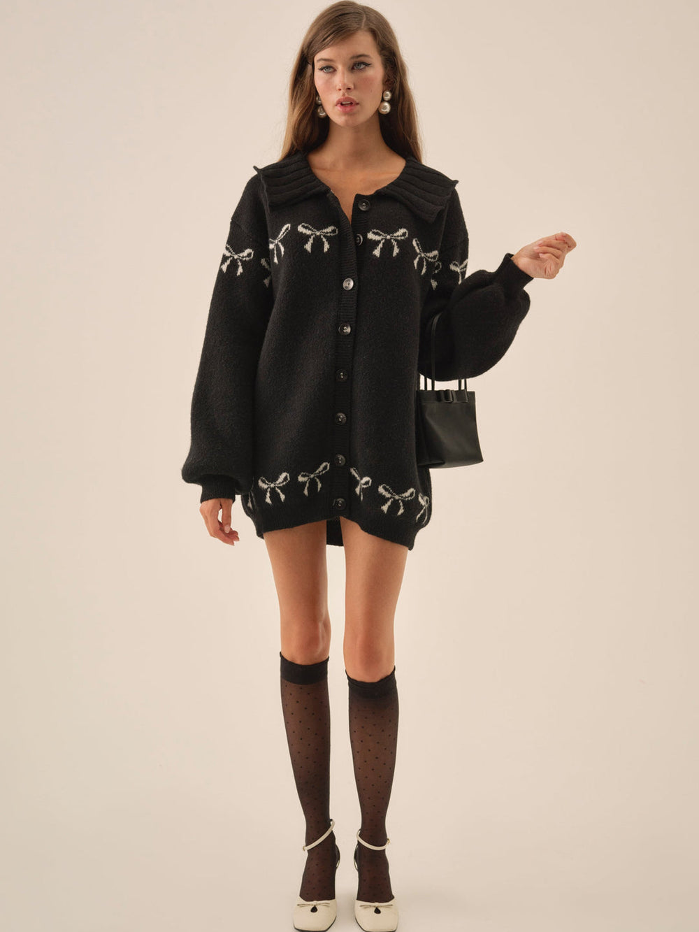 Women Bow Intarsia Knit Sweater - Black
