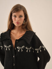 Women Bow Intarsia Knit Sweater - Black