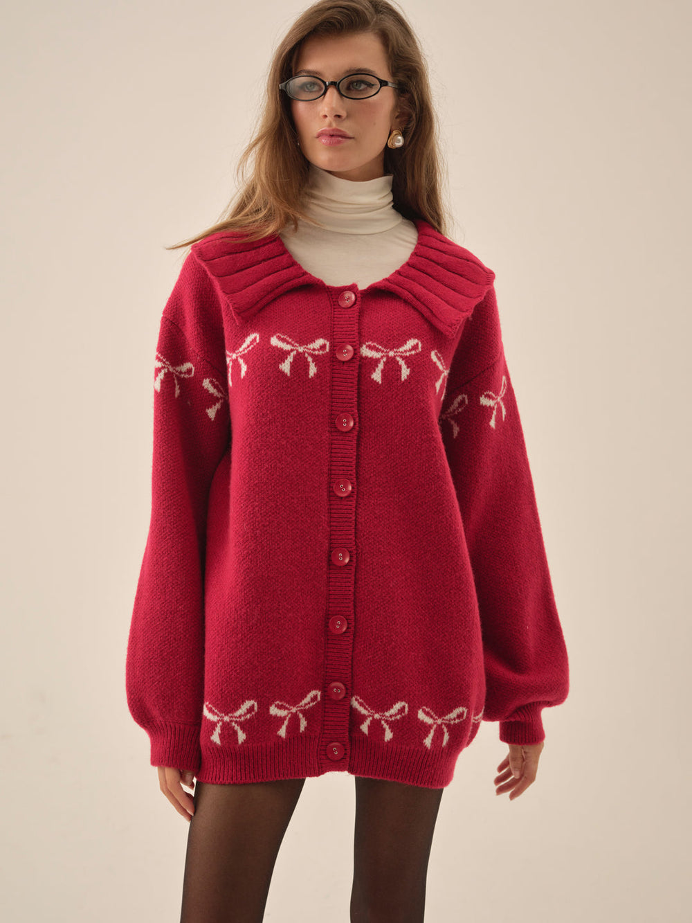 Women Bow Intarsia Knit Sweater - Red