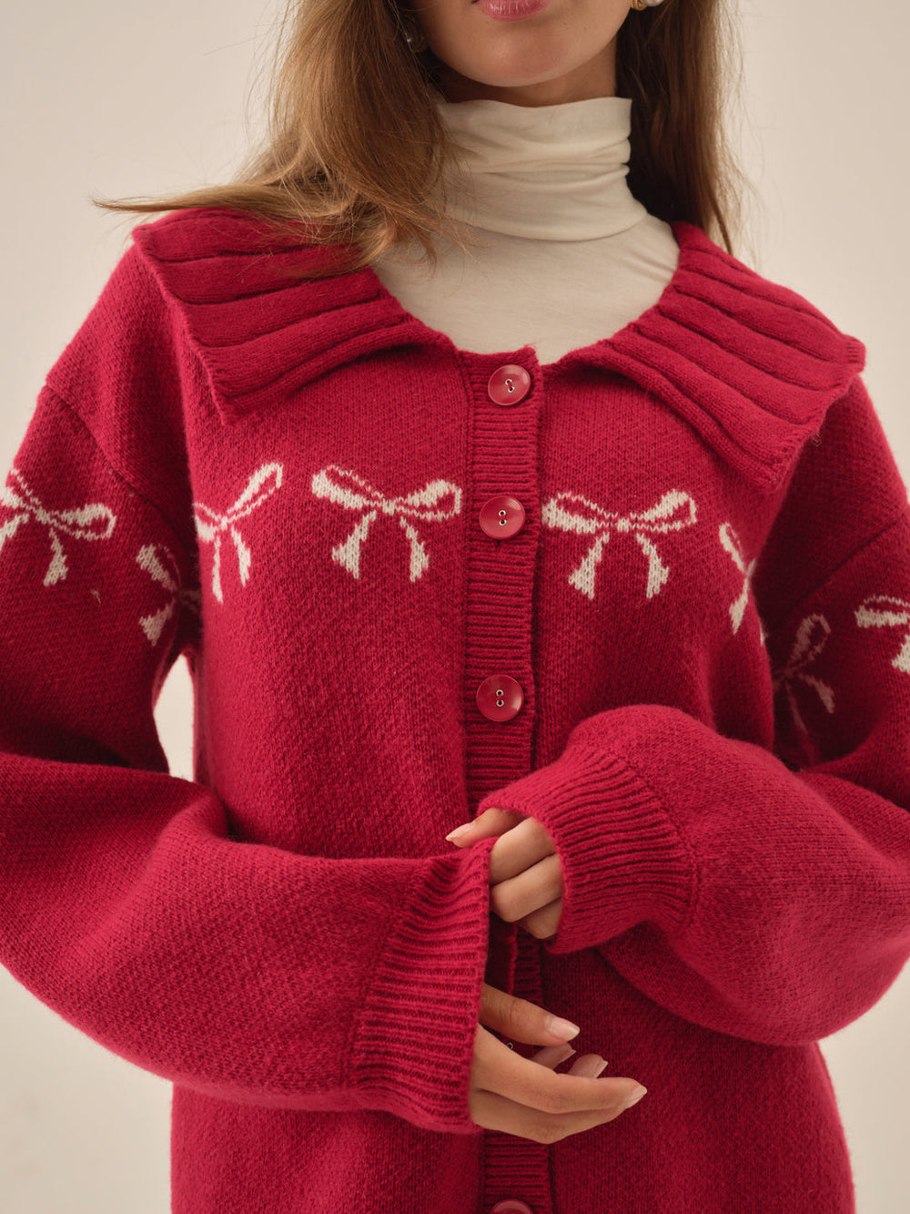 Women Bow Intarsia Knit Sweater - Red