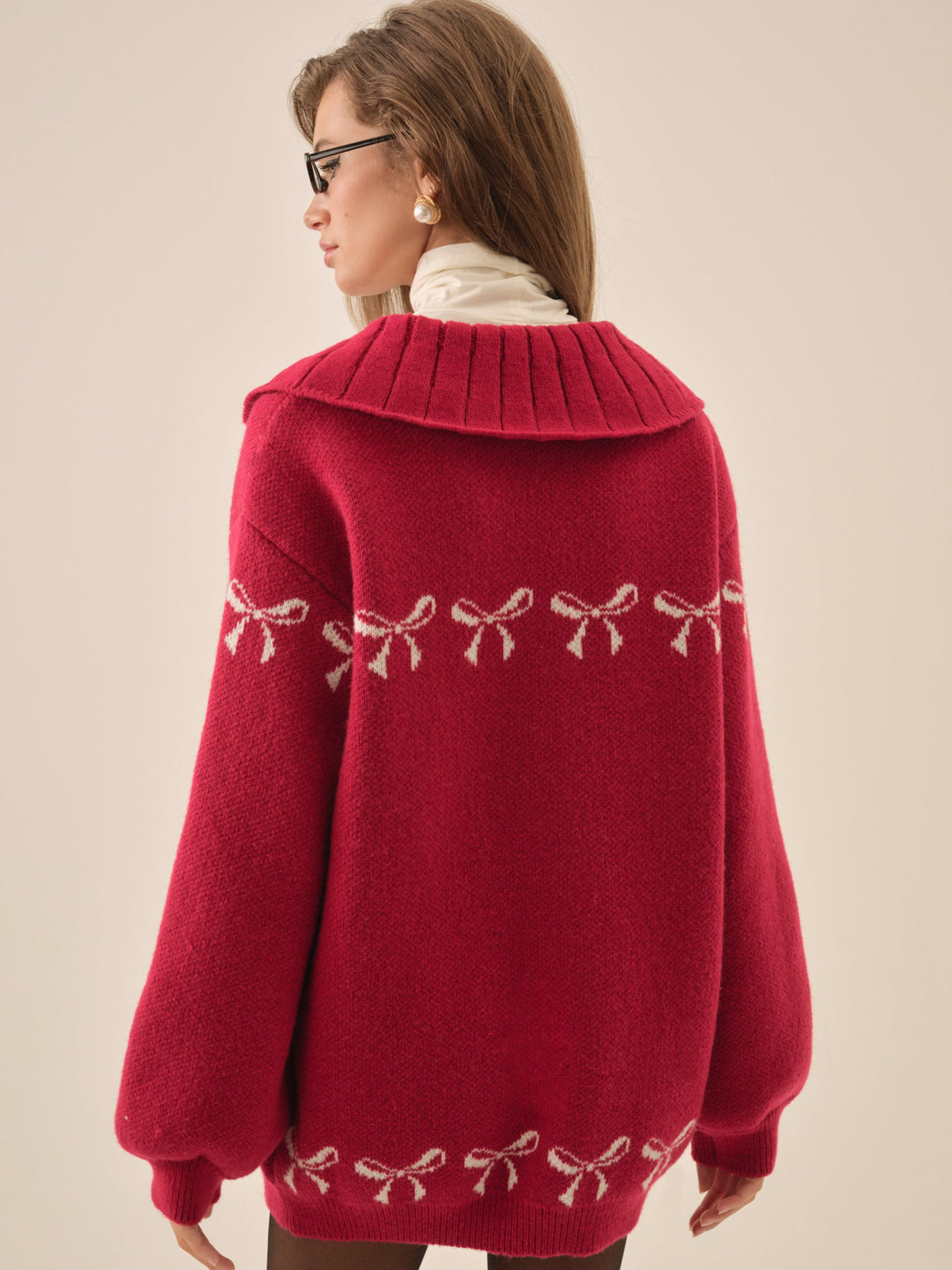 Women Bow Intarsia Knit Sweater - Red