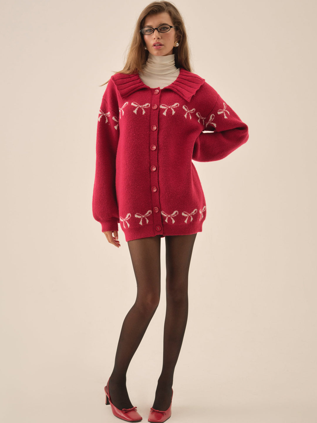 Women Bow Intarsia Knit Sweater - Red