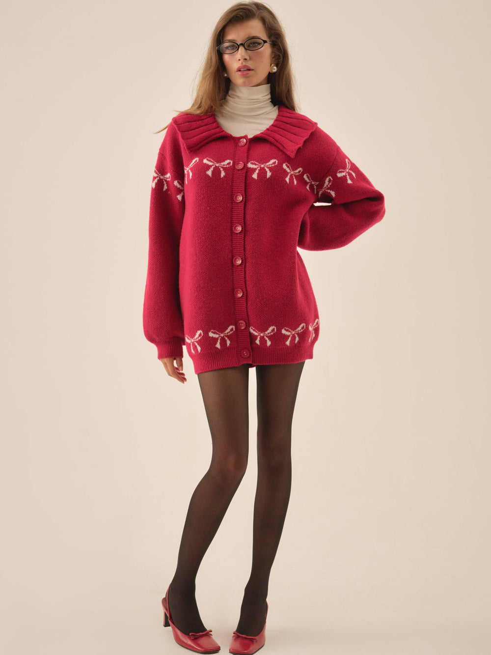 Women Bow Intarsia Knit Sweater - Red