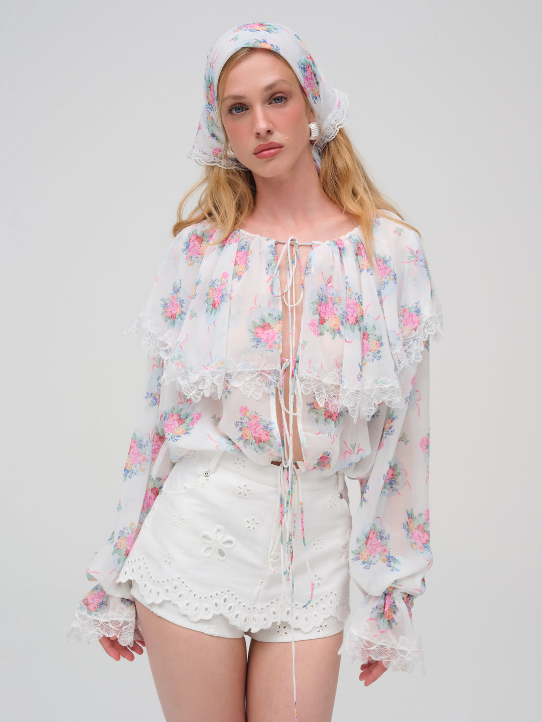 Women Doily Bouquet Long Sleeve Top - White