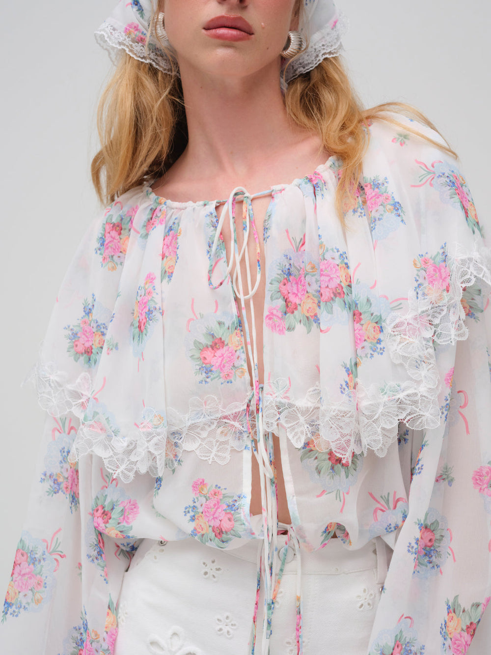 Women Doily Bouquet Long Sleeve Top - White