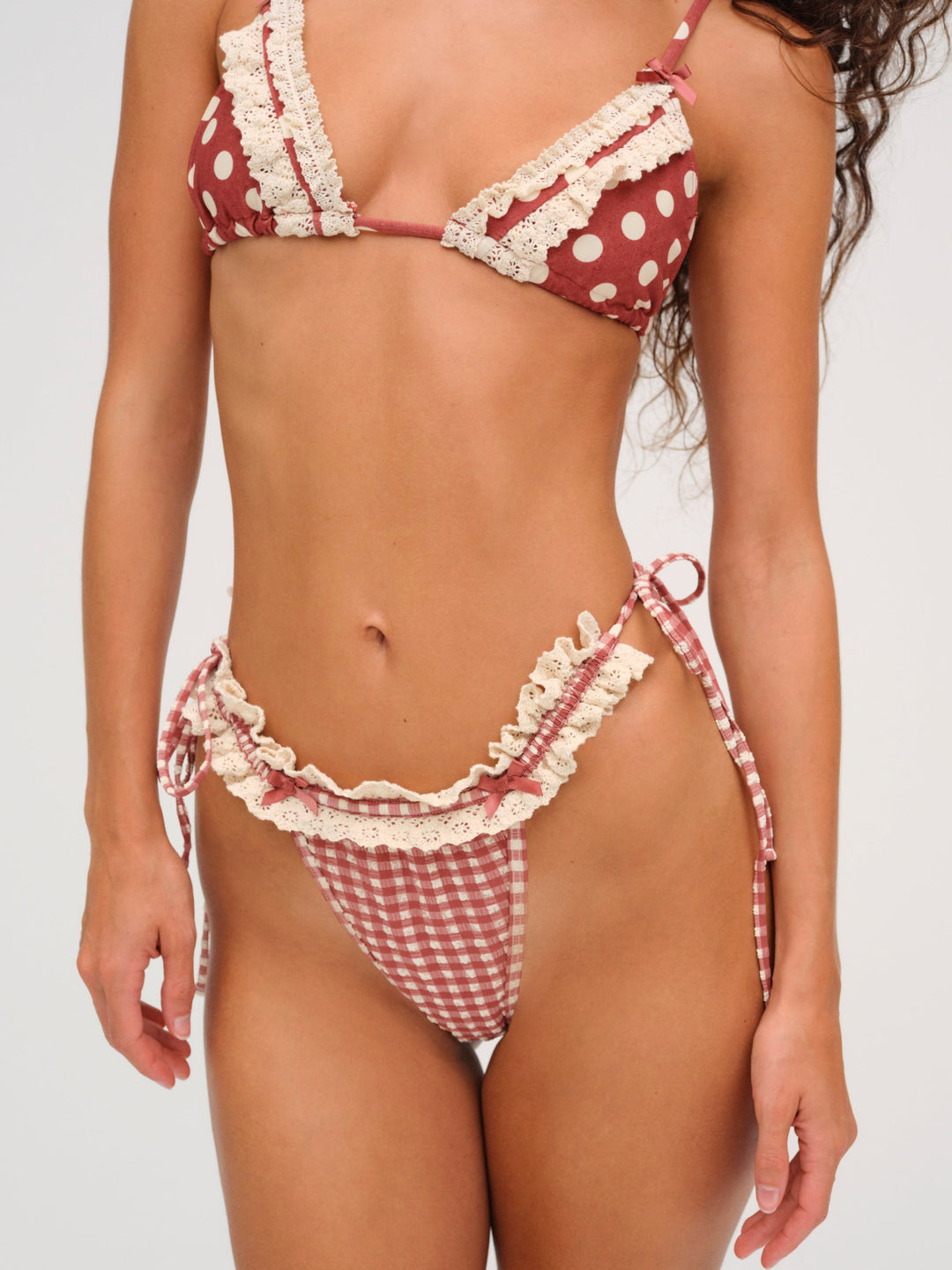 Women Gingham Bikini Bottom - Red