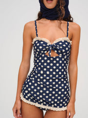 Women Denim Dot One Piece Swimsuit - Blue
