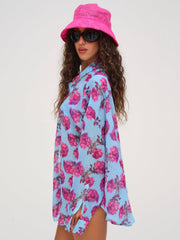Women Floral Stems Button-Down Top - Blue