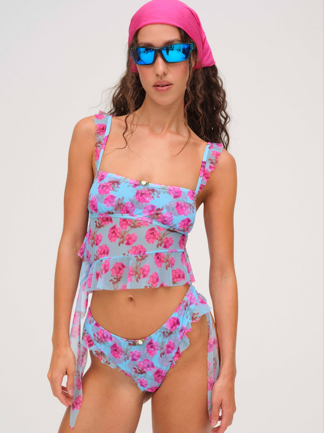 Women Floral Stems Ruffle Tankini - Blue
