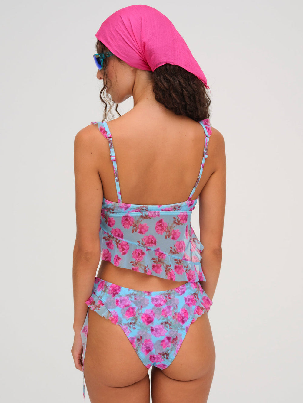Women Floral Stems Ruffle Tankini - Blue