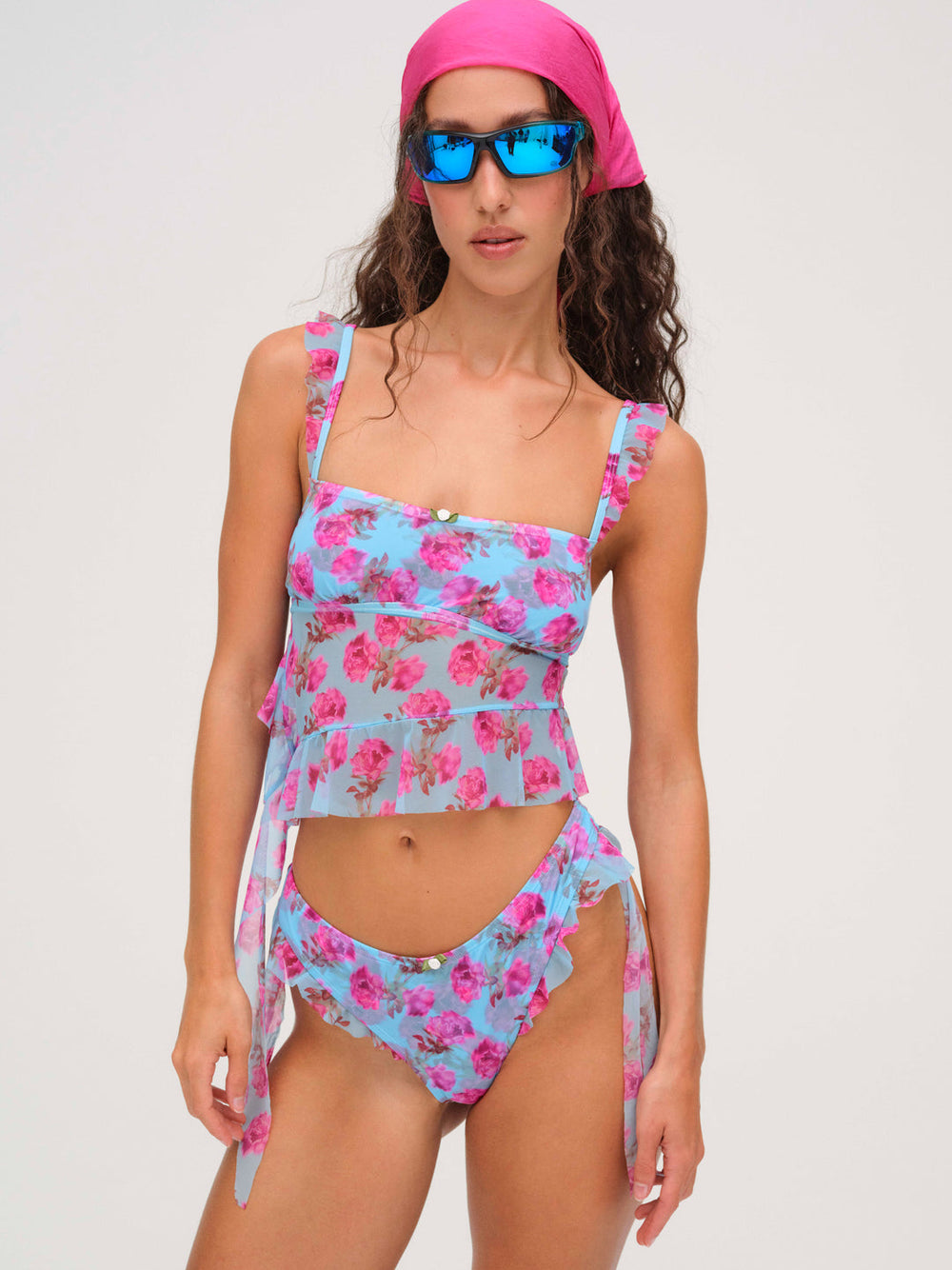 Women Floral Stems Ruffle Bikini Bottom - Blue