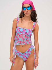 Women Floral Stems Ruffle Bikini Bottom - Blue