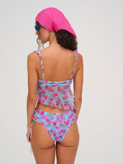 Women Floral Stems Ruffle Bikini Bottom - Blue