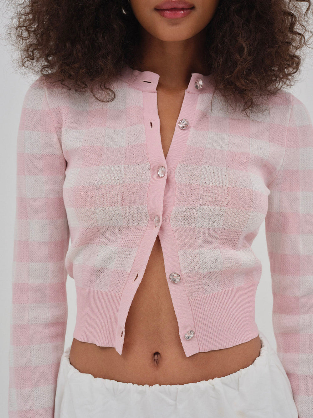 Women Brushed Gingham Knit Cardigan - Pink