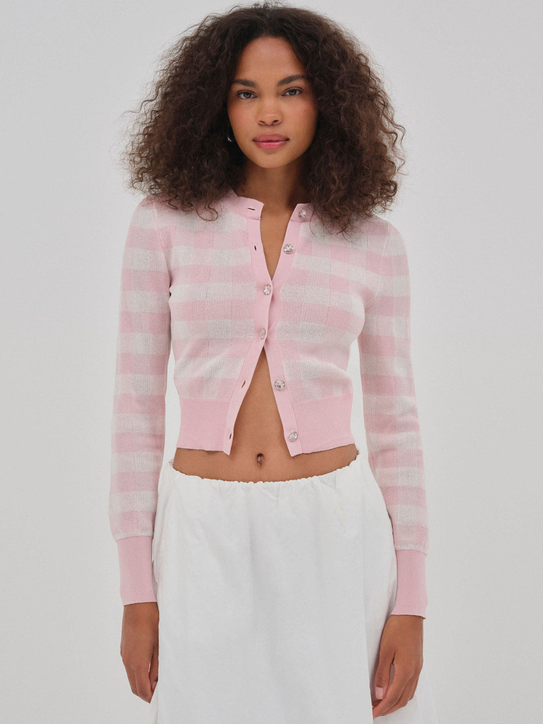 Women Brushed Gingham Knit Cardigan - Pink