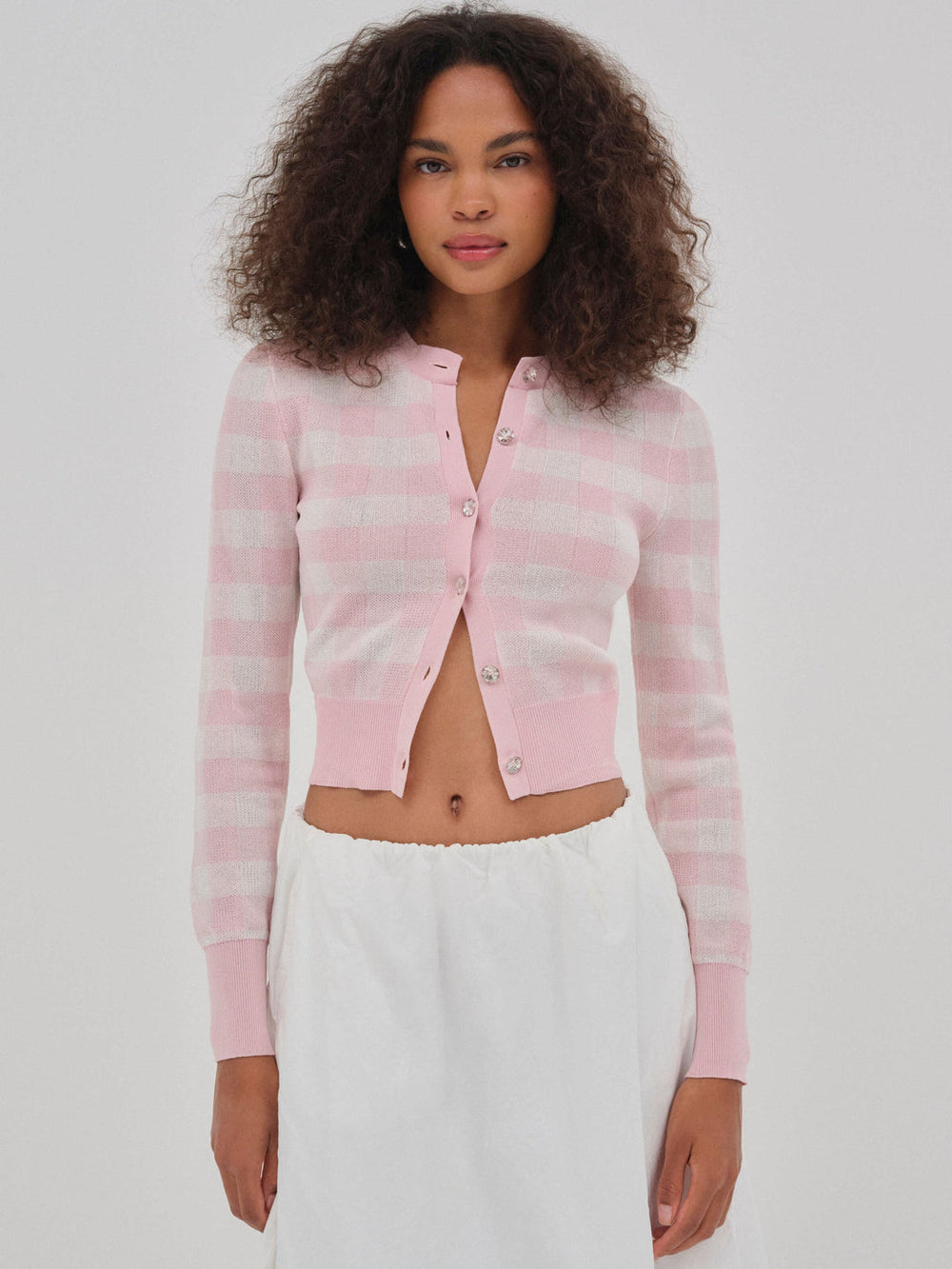 Women Brushed Gingham Knit Cardigan - Pink