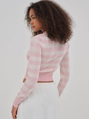 Women Brushed Gingham Knit Cardigan - Pink