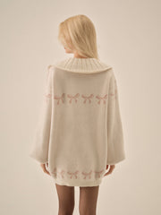 Women Bow Intarsia Knit Sweater - White