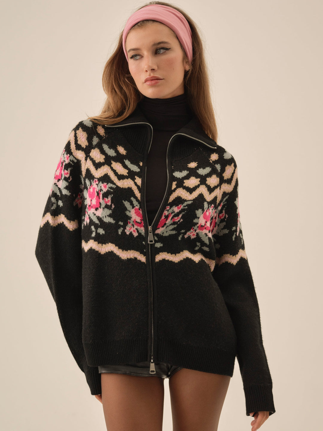Women Ski Lodge Zip-Up Sweater - Black