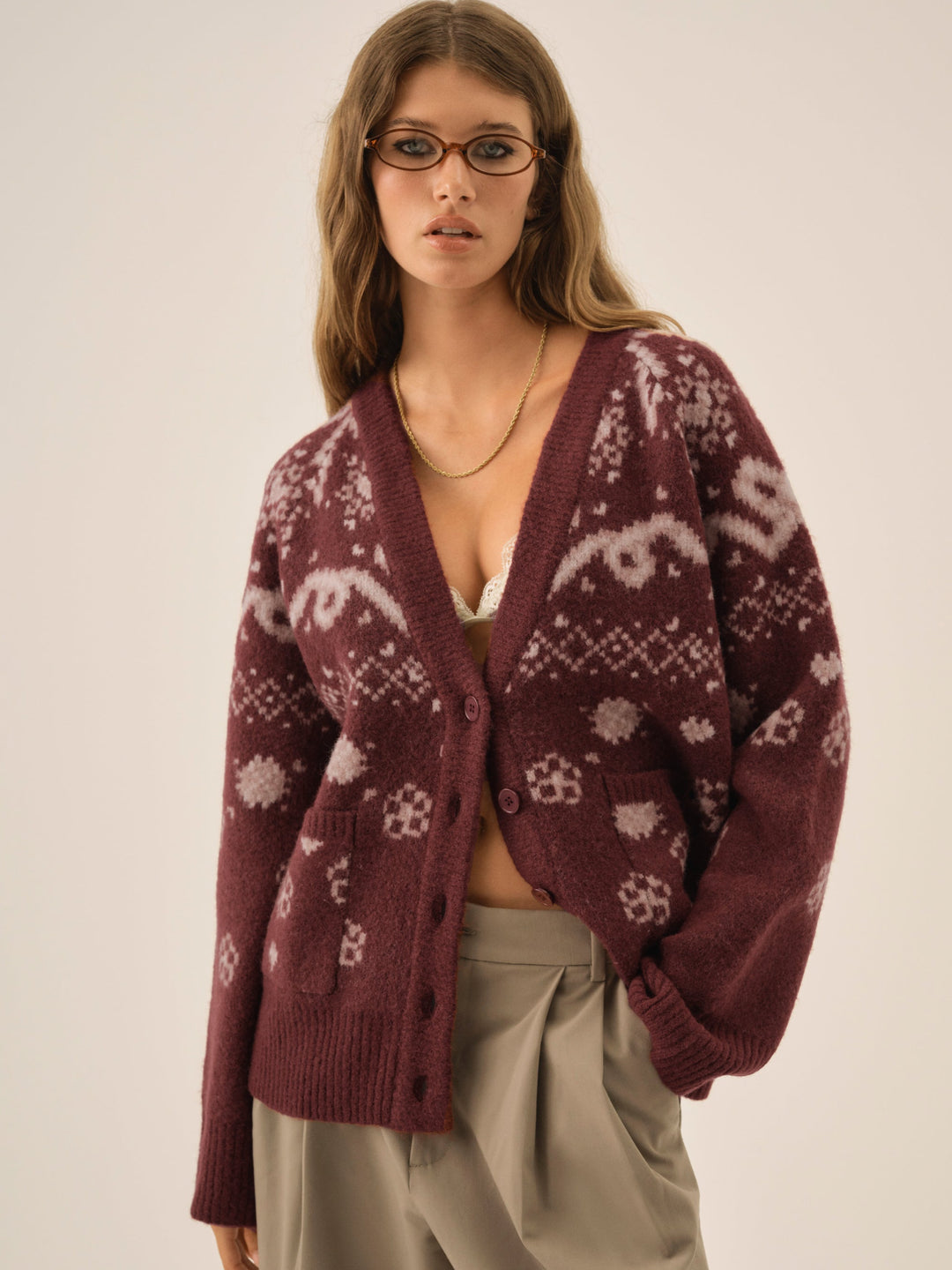 Women Arabella Intarsia Chunky Cardigan - Mauve