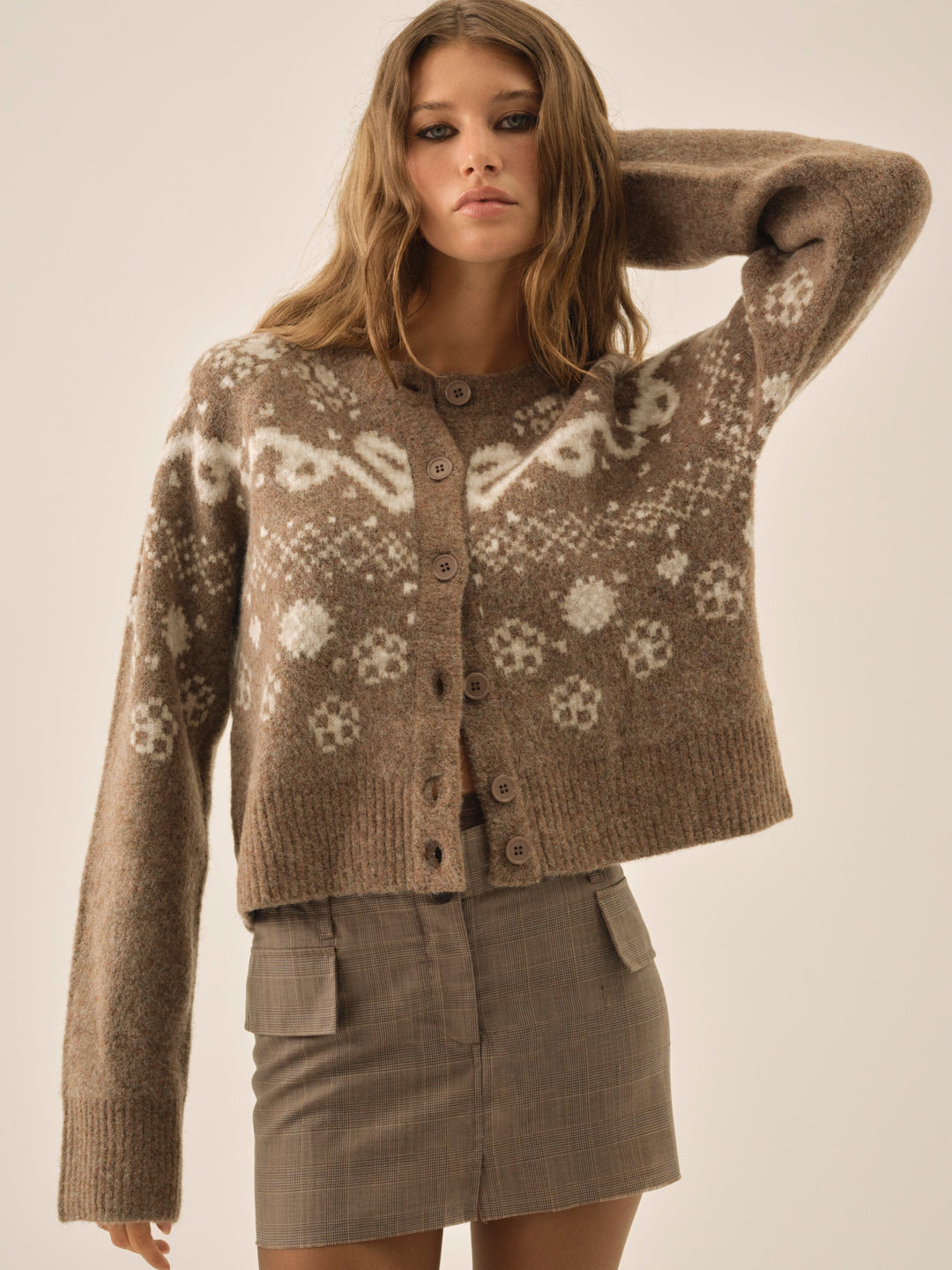 Women Arabella Intarsia Crewneck  Cardigan - Brown