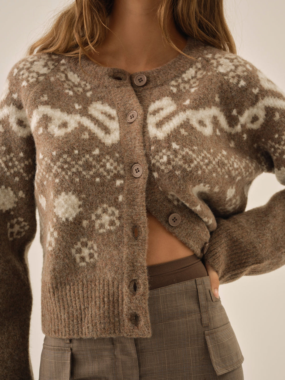 Women Arabella Intarsia Crewneck  Cardigan - Brown