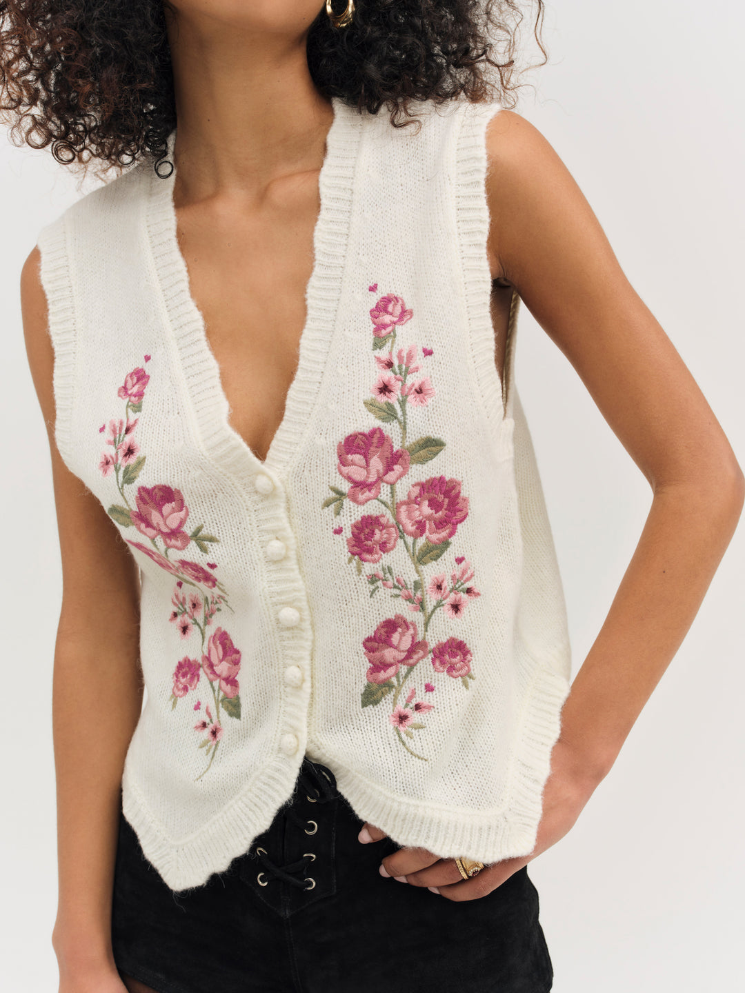 Women Molly Embroidered Sweater Vest - Cream