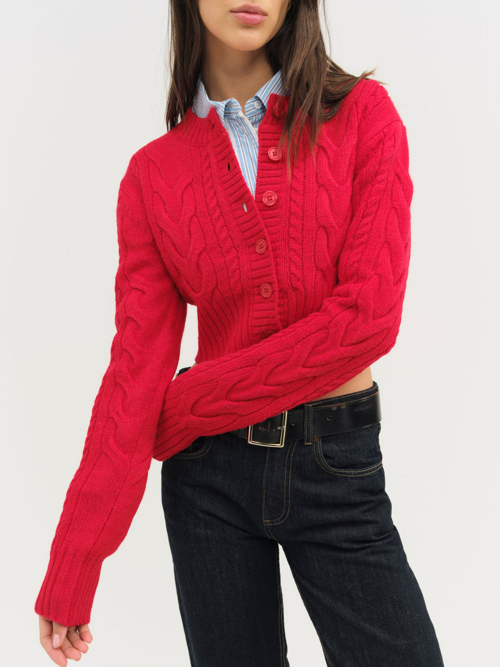 Women Camille Cable Knit Cardigan - Red