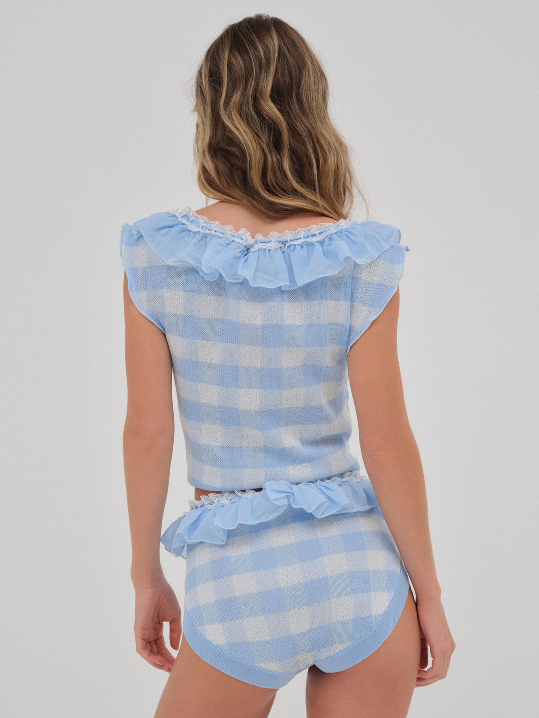 Women Brushed Gingham Knit Top - Blue