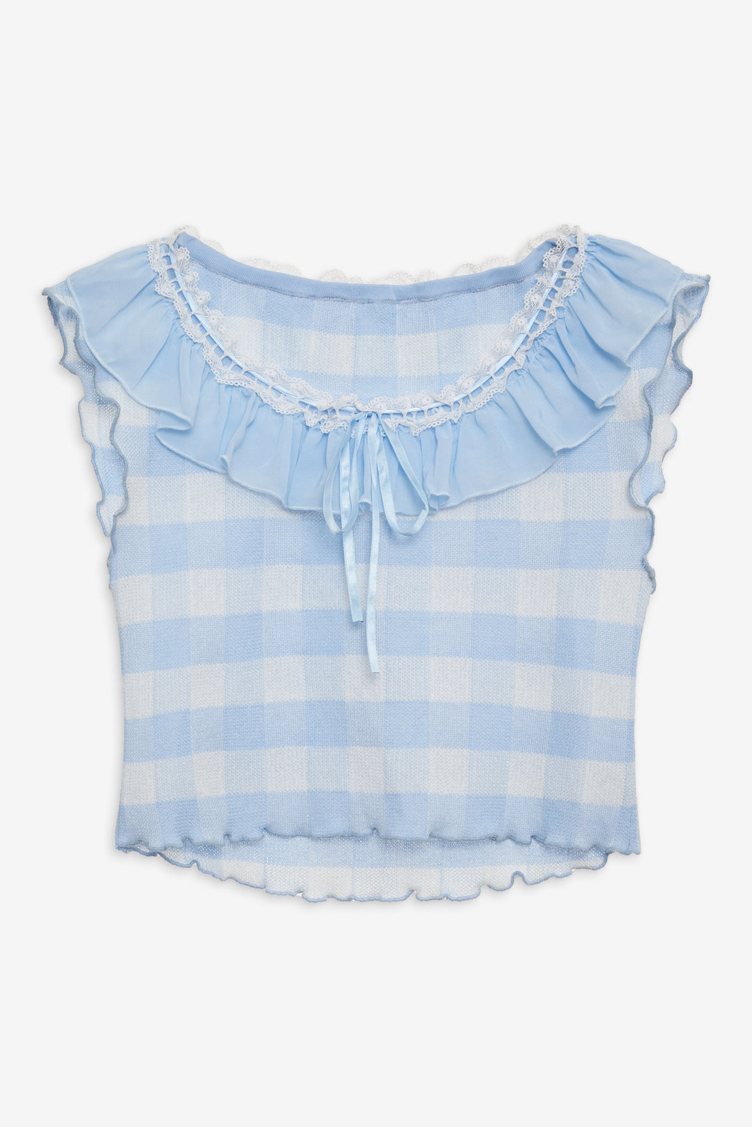 Women Brushed Gingham Knit Top - Blue