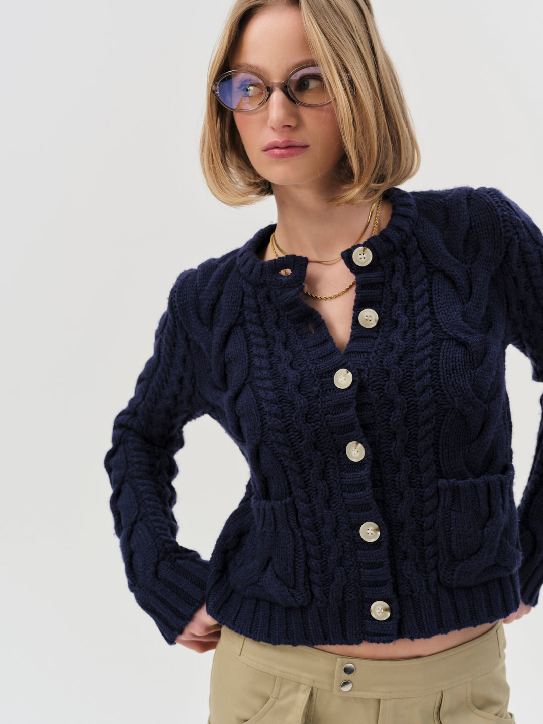 Women Emily Cable Knit Cardigan - Navy