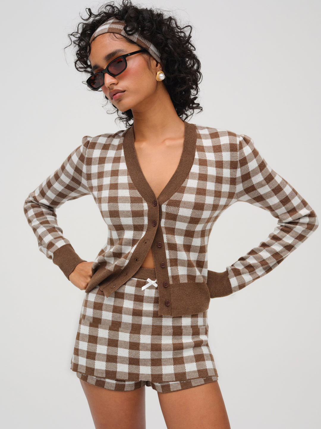 Women Gingham Knit Cardigan - Brown