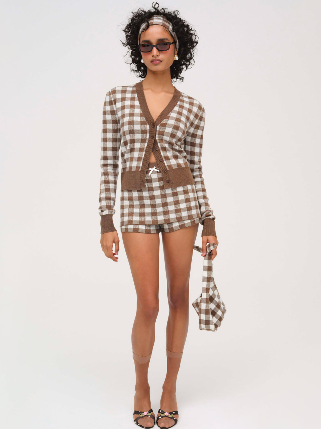 Women Gingham Knit Cardigan - Brown