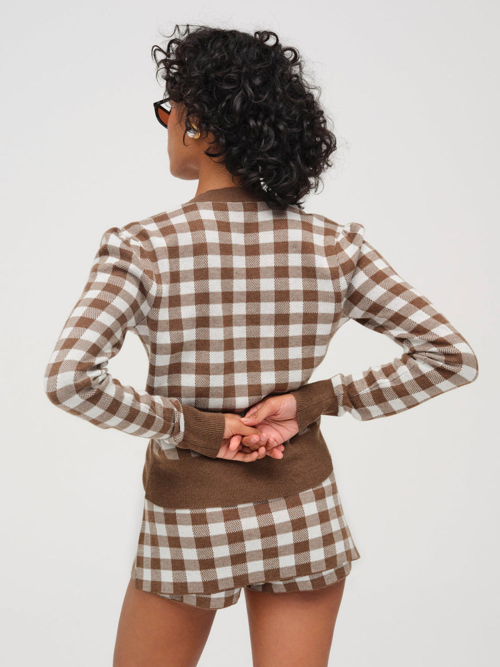 Women Gingham Knit Cardigan - Brown