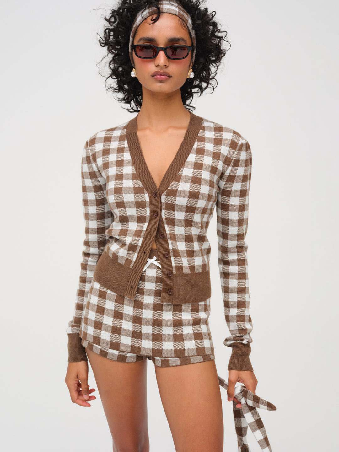 Women Gingham Knit Cardigan - Brown