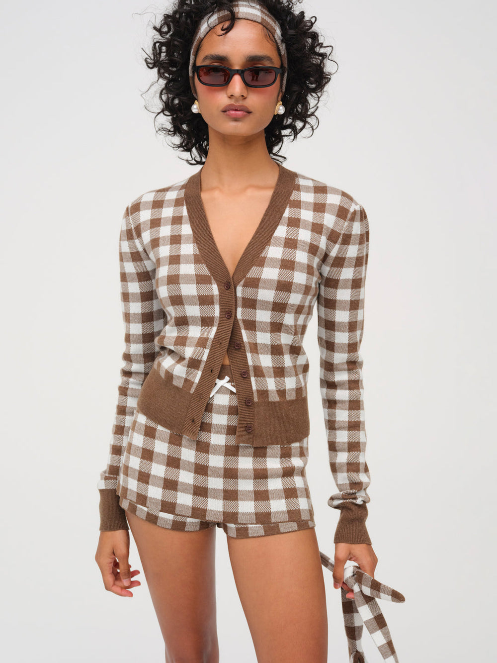 Women Gingham Knit Cardigan - Brown