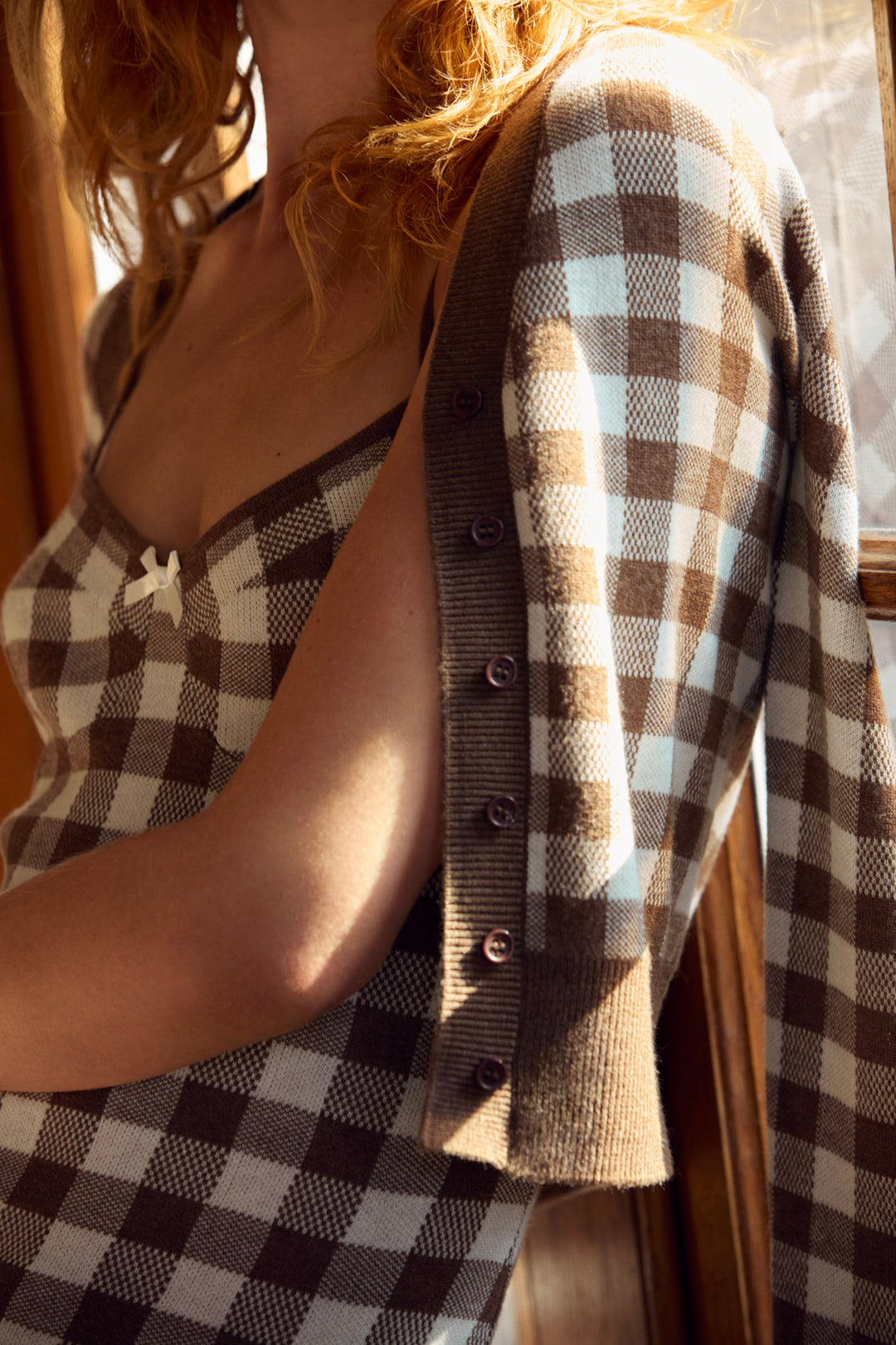 Women Gingham Knit Cardigan - Brown