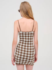 Women Gingham Knit Mini Dress - Brown