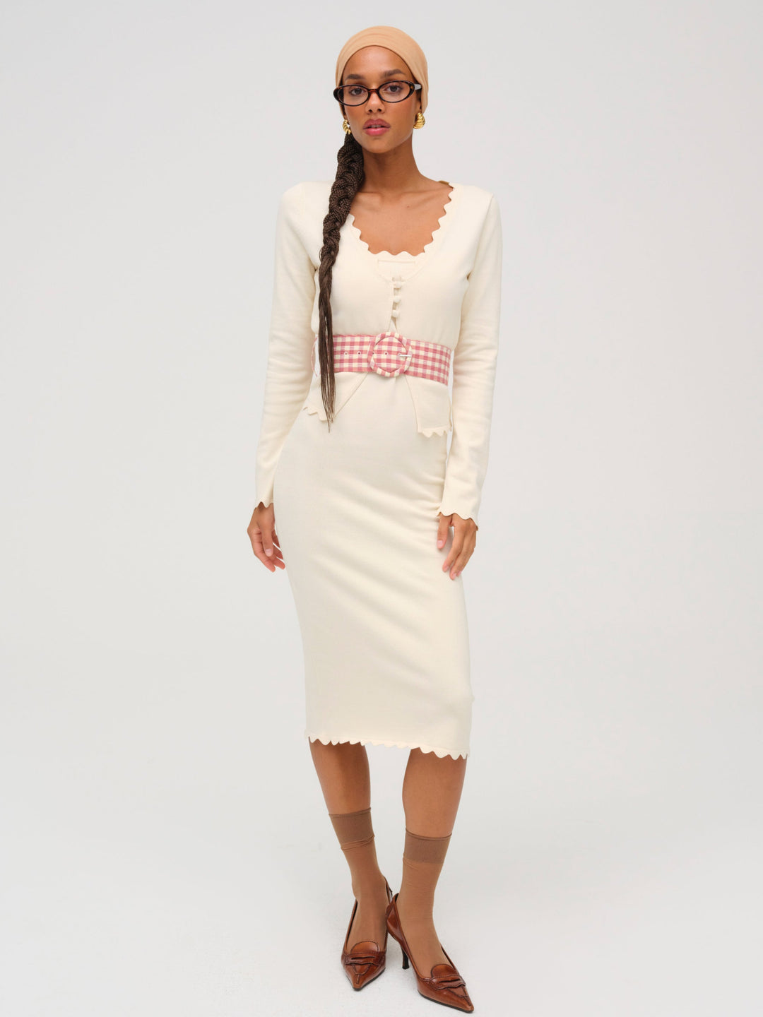 Women Sisi Scallop Knit Midi Dress - Cream