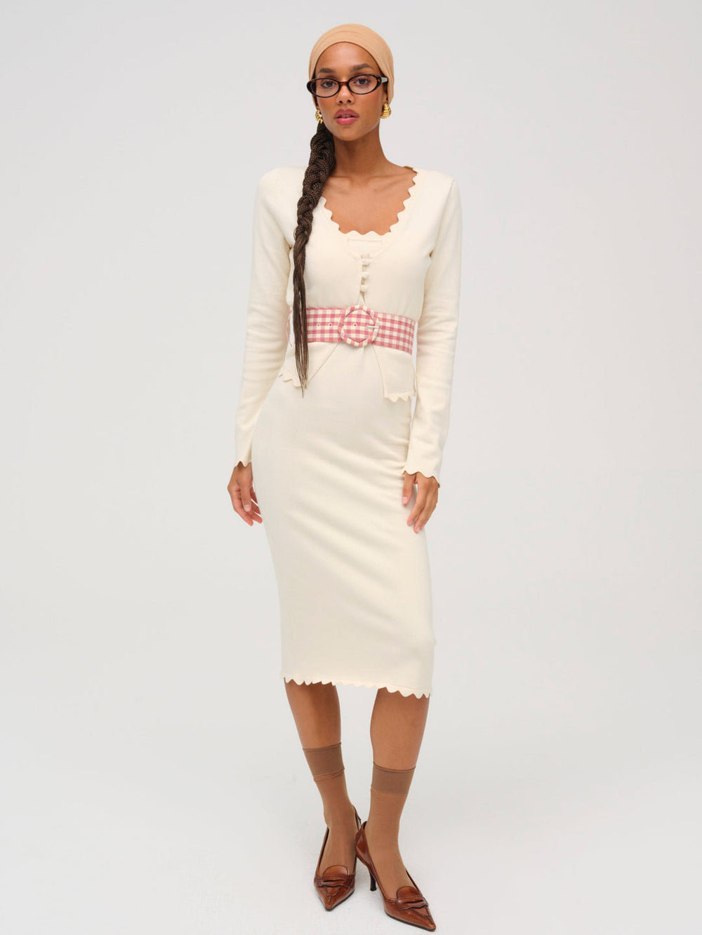 Women Sisi Scallop Knit Midi Dress - Cream