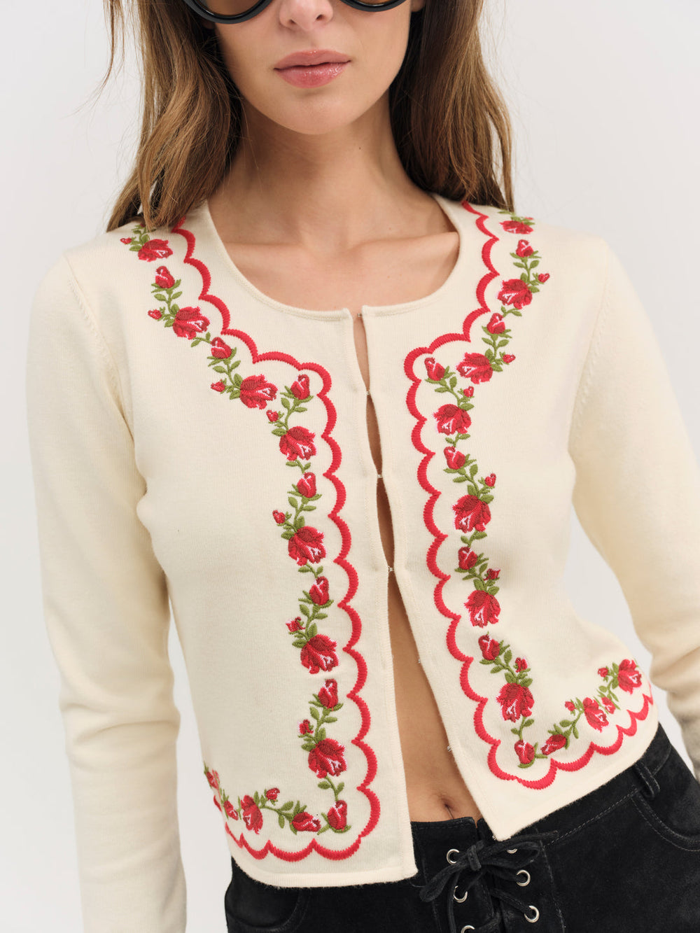 Women Rose Waltz Scalloped Knit Cardigan - Cream