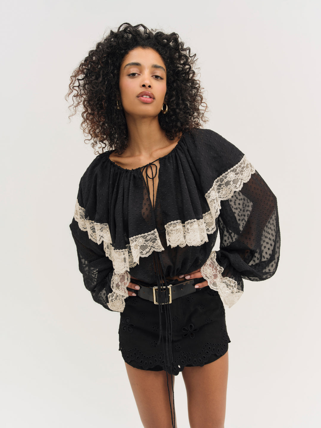 Women Daisy Eyelet Denim Skort - Black