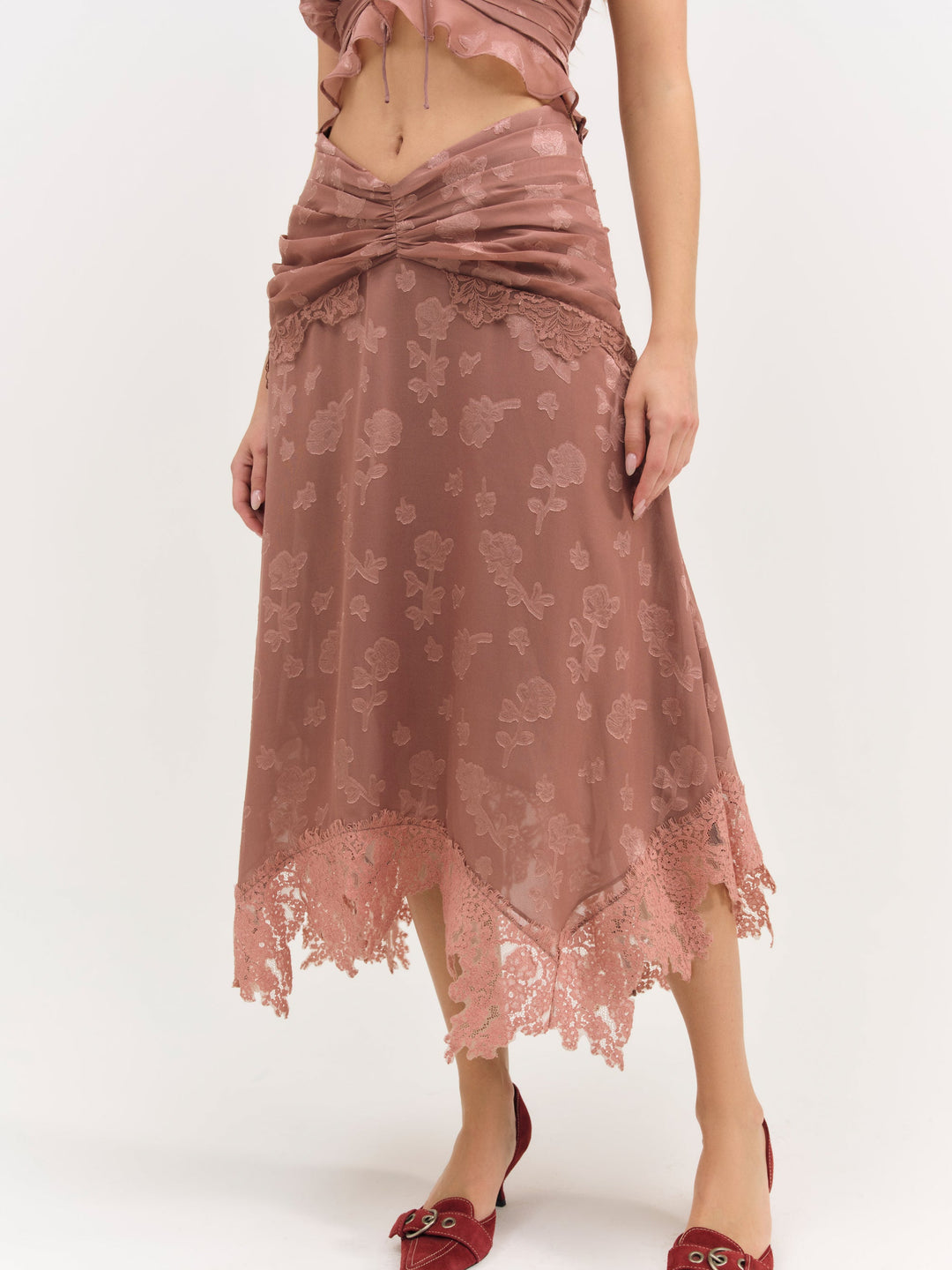 Women Colette Satin Burnout Midi Skirt - Mahogany