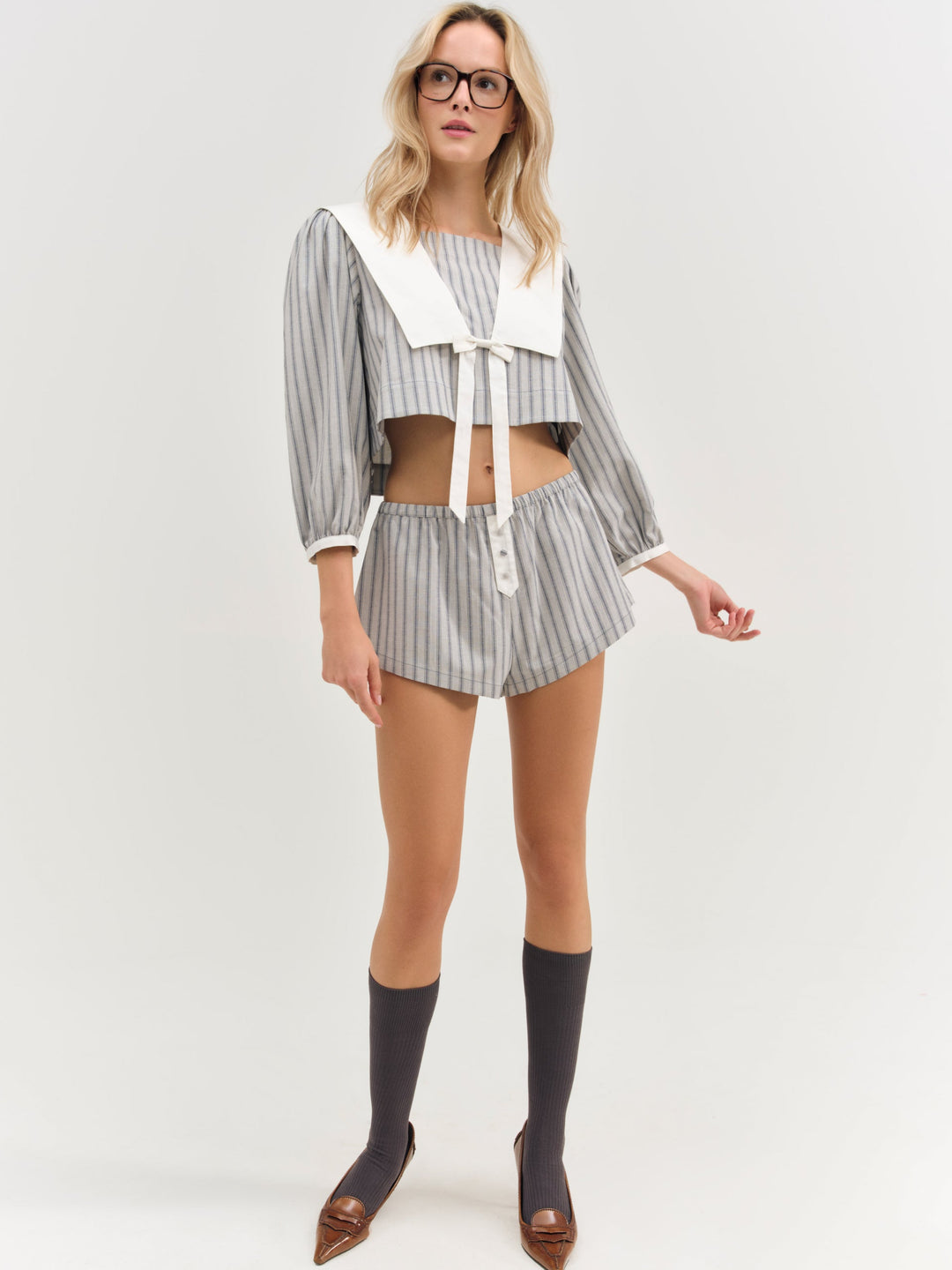 Women Linen Stripe Shorts - Blue