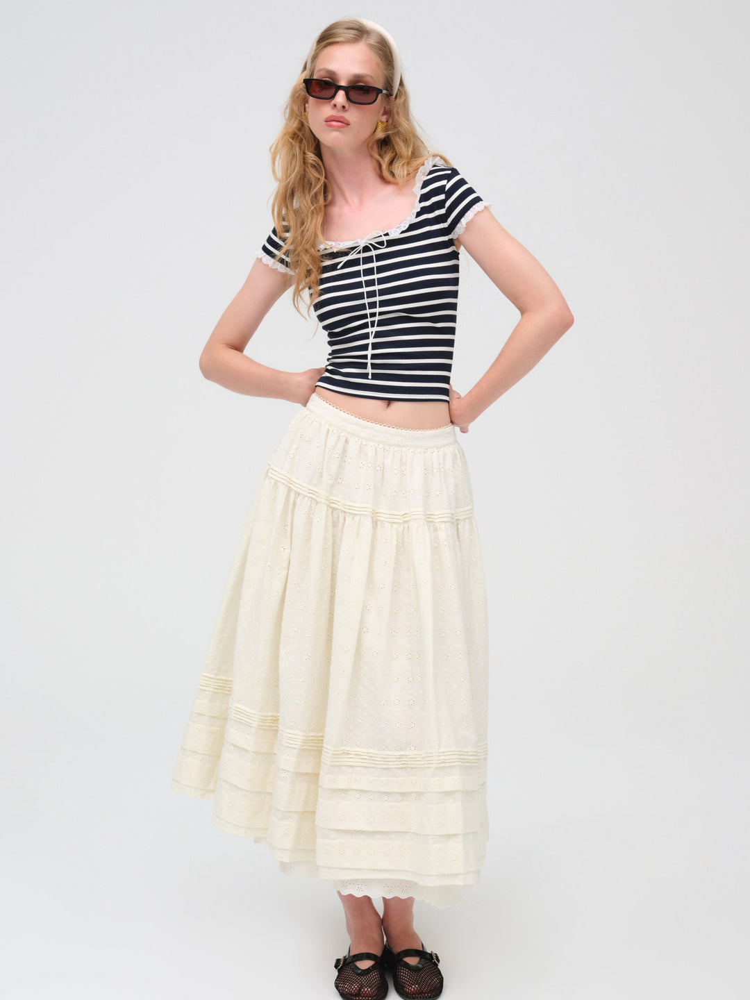 Women Eyelet Midi Skirt - White