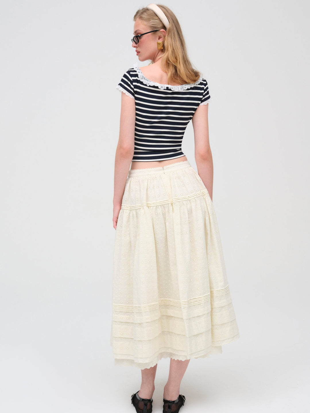 Women Eyelet Midi Skirt - White