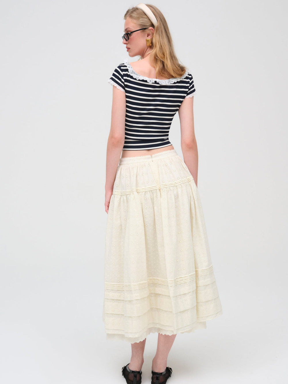 Women Eyelet Midi Skirt - White