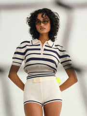 Women Simona Pointelle Striped Short - Navy
