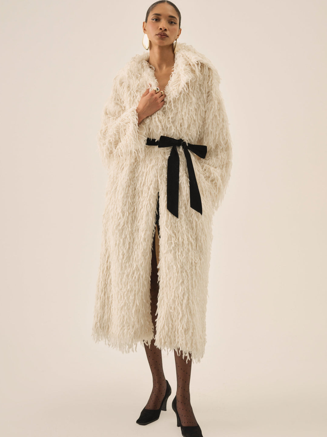 Women Ruffle Faux Feather Coat - Cream