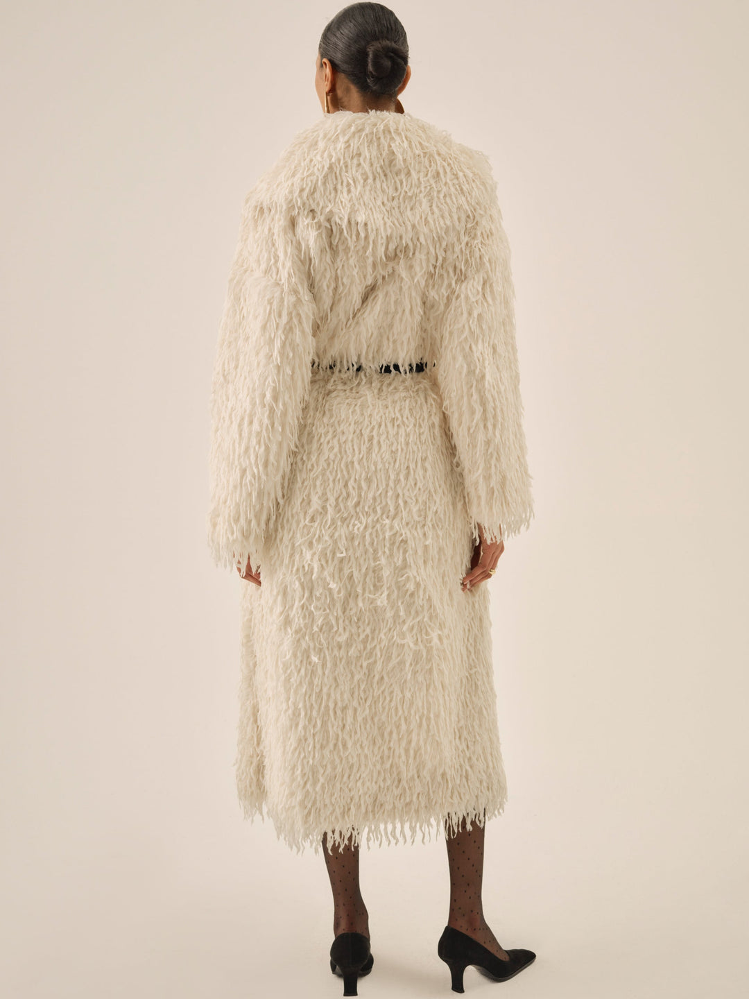 Women Ruffle Faux Feather Coat - Cream